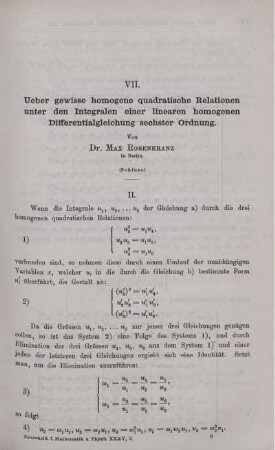 VII. Ueber gewisse homogene quadratische Relationen unter den Integralen einer linearen homogenen Differentialgleichung sechster Ordnung.