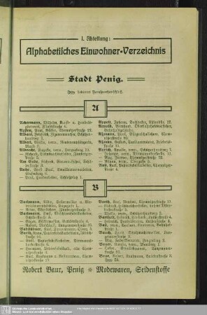 I. Abteilung. Einwohnerverzeichnis : I. Abteilung. Alphabetisches Einwohner-Verzeichnis