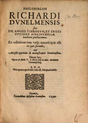 Philobiblon Richardi Dunelmensis : sive de amore librorum