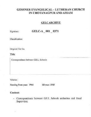 Correspondence between G.E.L.C. Schools