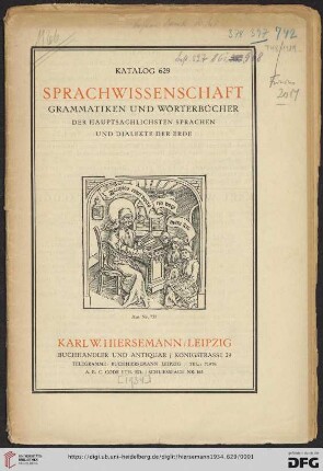 Nr. 629: Katalog: Sprachwissenschaft - Grammatiken und Wörterbücher der hauptsächlichsten Sprachen und Dialekte der Erde