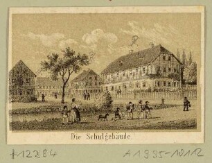 Die Schule und weitere Fachwerkhäuser in Ebersbach in der Oberlausitz, Ausschnitt aus einem Bilderbogen