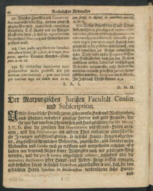 Der Marpurgischen Juristen Facultät Censur und Subscription.