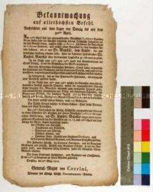 Bekanntmachung des Direktors des sächsischen Gouvernement-Büros Heinrich von Cerrini di Monte Varchi über die Kriegsereignisse bei Danzig vom 23. bis 30. April 1807 während des 4. Koalitionskrieges