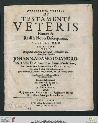 Quaestiones Vexatas De Testamenti Veteris Natura & Reali à Novo Discrepantia
