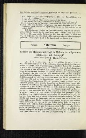 Religion und Religionsunterricht im Rahmen der allgemeinen Philosophie und Pädagogik : Referat