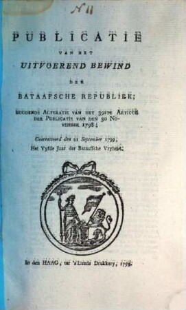 Publicatie van het uitvoerend bewind der Bataafsche Republiek. 1799, 21. Sept.