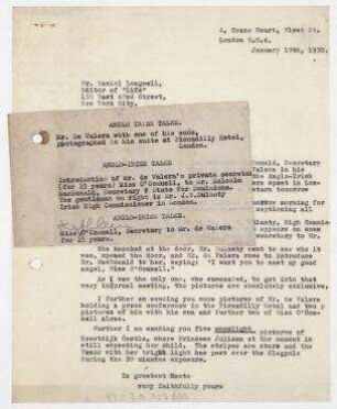 Brief von Erich Salomon aus London an Daniel Longwell, Editor of „Life“ mit aufgeklebter Notiz