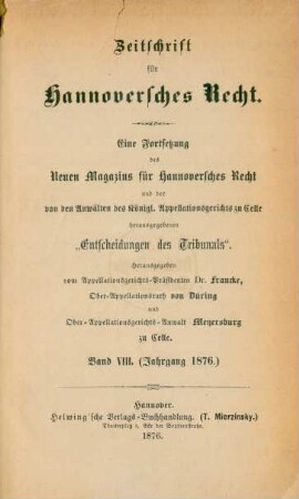 8.1876: Zeitschrift für hannoversches Recht