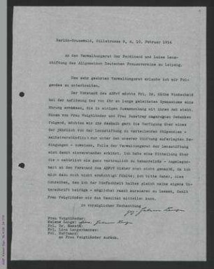 Brief vom Vorstand des ADF an den Verwaltungsrat der Ferdinand und Luise Lenz-Stiftung