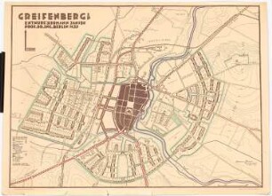Bebauungsplan der Stadterweiterung, Greifenberg: Grundplan und Lageplan 1:2500, aus zwei Teilen zusammengesetzt, Maßstabsleiste