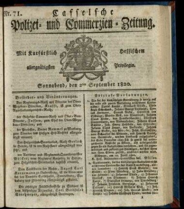 Nr. 71, Sonnabend, den 2ten September 1820