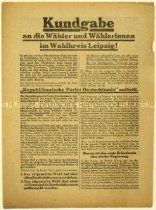 Aufruf der Republikanischen Partei Deutschlands zur Reichstagswahl