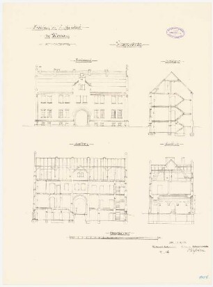Gefängnis, Wohlau: Torgebäude: Aufriss Vorderansicht, Längsschnitt, Querschnitte 1:100