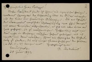 Nr. 2: Postkarte von Richard Dedekind an David Hilbert, Braunschweig, 30.6.1892