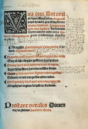 Vita divi Antonii ad sanctissimum dominum Eugenium papam quartum