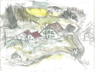 Gsaenger, Gustav; Landschafts - und Gebäudestudien - Häusergruppe (Studie)