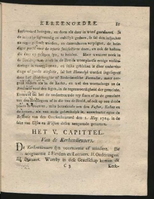 Het V. Capittel. Van de Kerkendienaers