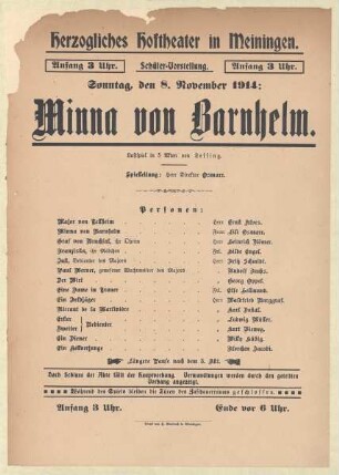Theaterzettel zur Aufführung des Lustspiels "Minna von Barnhelm. von Gotthold Ephraim Lessing" in der Spielzeit 1914/15 des Herzoglichen Hoftheaters in Meiningen.