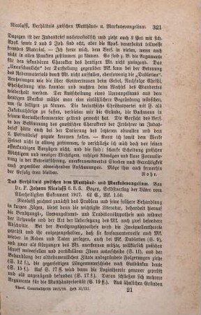 321-322 [Rezension] Nicolussi, Johann, Das Verhältnis zwischen dem Matthaeus- und Markusevangelium