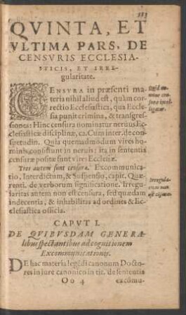 Quinta, Et Ultima Pars, De Censuris Ecclesiasticis, Et Irregularitate.