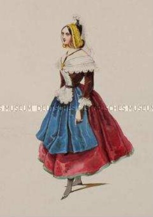 Frau im roten Kleid mit blauer Schürze, großem Spitzenkragen und gelber Haube - Tafel aus Franceschini/Kostümbilder (Kassette 2)