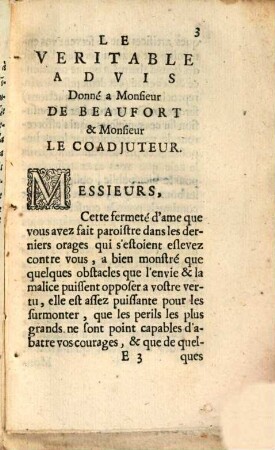Le veritable advis donné à Msr. de Beaufort