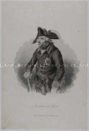 Halbfiguriges Bildnis Friedrichs des Großen mit Dreispitz, dem Uniformrock samt Bruststern des Schwarzen Adlerordens, Degen und Stock