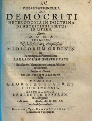 Dissertatiuncula, De Democriti Heterodoxia In Doctrina De Nutritione Foetus In Utero