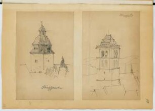 Kirchturm, Bischhhausen, Stadtkirche, Bad Hersfeld: Perspektivische Ansichten (aus: Skizzen- und Fotoalbum 23)