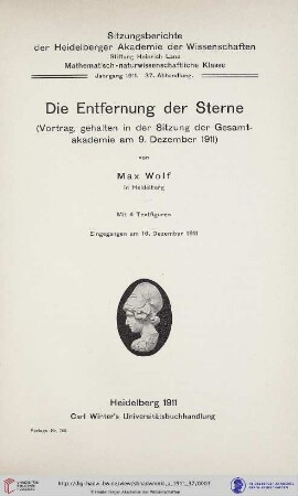 1911, 37. Abhandlung: Sitzungsberichte der Heidelberger Akademie der Wissenschaften, Mathematisch-Naturwissenschaftliche Klasse: Abteilung A, Mathematisch-physikalische Wissenschaften: Die Entfernung der Sterne : Vortrag