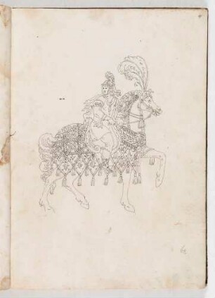 Krieger auf einem Pferd mit Prachtreitzeug, in einem Band mit Antikischen Figurinen und Pferdedekorationen, Bl. 4