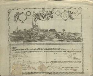 Wir Geschworne Vor- und andere Meister des ehrsamen Handwerks deren [?]lichen Tuchmachern Meistern in der frey privil. Munizipalstadt Waagstadt im k.k. Antheil Oberschlesien bescheinigen hiermit, daß ...