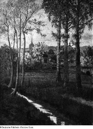 Frühlingslandschaft mit Bachlauf und Schloß im Hintergrund. Öl auf Leinwand, 1905/1910
