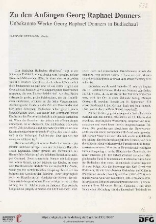 Zu den Anfängen Georg Raphael Donners : unbekannte Werke Georg Raphael DOnners in Budischau?