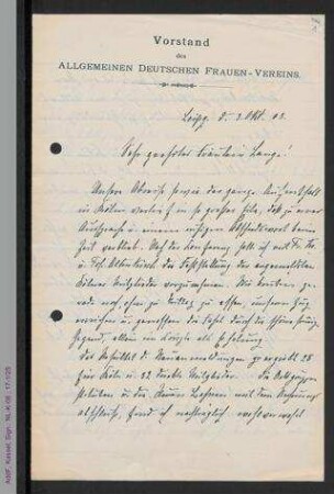 Brief von Johanna Brandstetter an Helene Lange