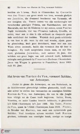 Het leven van Marten de Vos, vermaert Schilder, van Antwerpen