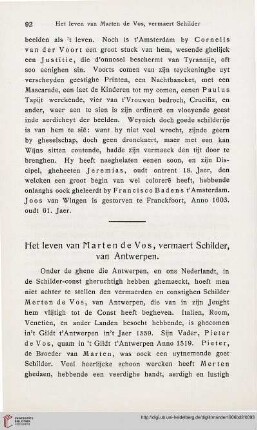 Het leven van Marten de Vos, vermaert Schilder, van Antwerpen