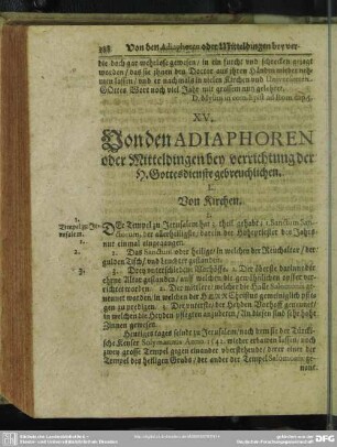 XV. Von den Adiaphoren oder Mitteldingen bey verrichtung der H. Gottesdienste gebreuchlichen