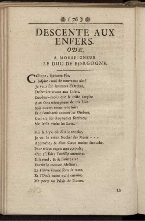 Descente Aux Enfers. Ode. A Monseigneur Le Duc De Borgogne. / Ode. Die unterirdische Reise.