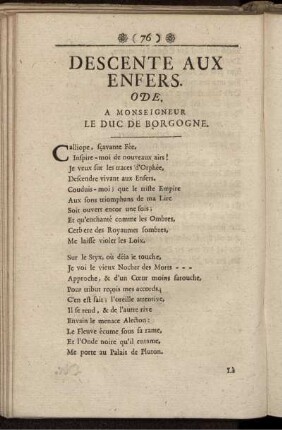 Descente Aux Enfers. Ode. A Monseigneur Le Duc De Borgogne. / Ode. Die unterirdische Reise.