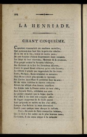 La Henriade. Chant Cinquiéme. / Heinrich der Vierte. Fünfter Gesang.