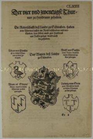 Vierundzwanzigstes Turnier zu Heilbronn im Jahr 1408 - Stadt- und Familienwappen (S. CLXIIII aus dem Turnierbuch/1. Teil)