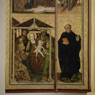 Bosseroder Altar — Altarinnenflügel links - Mariä Verkündigung, Anbetung der Könige und zwei Heilige — Anbetung der Heiligen Drei Könige