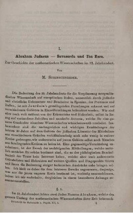 I. Abraham Judaeus - Savasorda und Ibn Esra. Zur Geschichte der mathematischen Wissenschaften im 12. Jahrhundert.