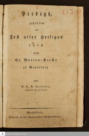 Predigt gehalten am Fest aller Heiligen 1818 in der St. Marien-Kirche zu Magdeburg