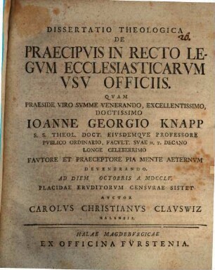 Diss. theol. de praecipuis in recto legum ecclesiasticarum usu officiis