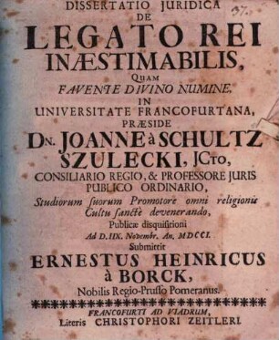 Diss. iur. de legato rei inaestimabilis