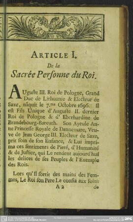 Article I. De la Sacree Personne du Roi