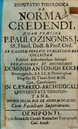 Disputatio theologica de norma credendi ...